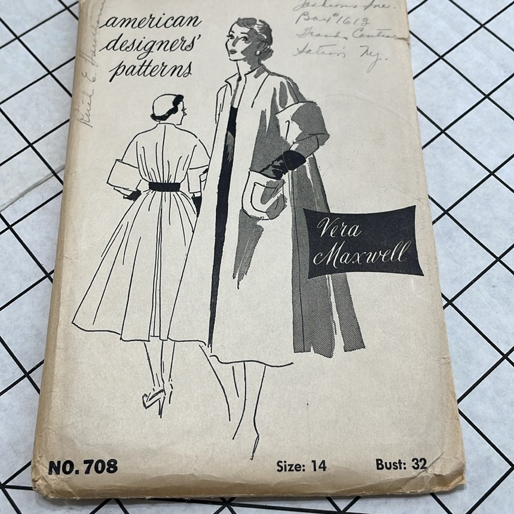 Vintage American Designers, Vera Maxwell, sewing pattern 708, bust 32, ca 1950s